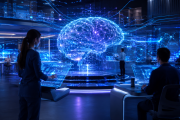 Representación de inteligencia artificial conectada con personas, datos y tecnología.