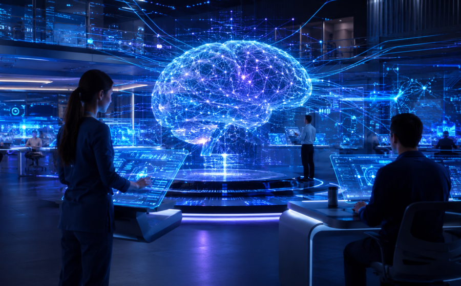 Representación de inteligencia artificial conectada con personas, datos y tecnología. Representación de inteligencia artificial conectada con personas, datos y tecnología.
