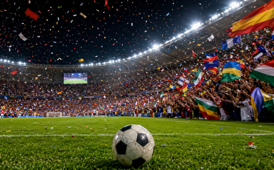 Estadio lleno de hinchas celebrando el Mundial 2026.